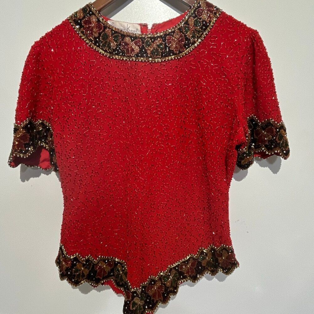 Laurence Kazar Women's Red Bow Holiday Rhinestones Beaded Blouse Size Small